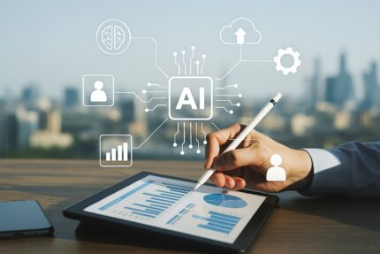 Mano che annota dati su tablet con sovrimpressione di icone AI e grafici, simbolo dell’investimento strategico di Meta in Scale AI
