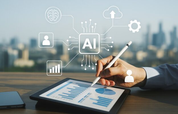 Mano che annota dati su tablet con sovrimpressione di icone AI e grafici, simbolo dell’investimento strategico di Meta in Scale AI
